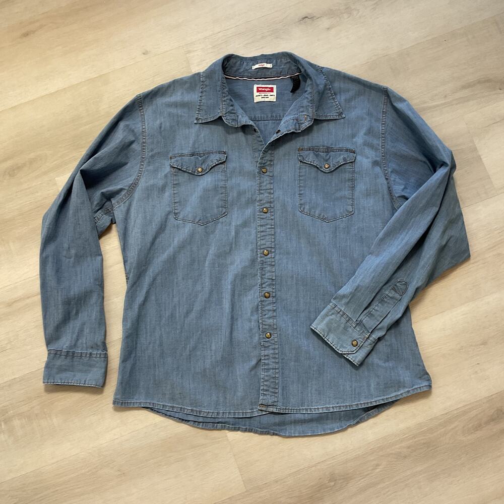 Wrangler Mens Western Rodeo Button Up Blue Indigo Denim Pearl Snap Shirt 2XL